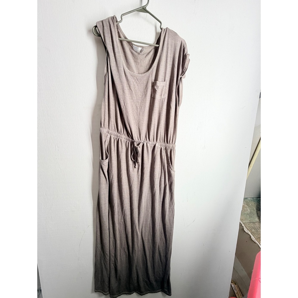 Time and Tru Womens XL Taupe Brown Jersey Maxi Dress Drawstring Pocket 16-18